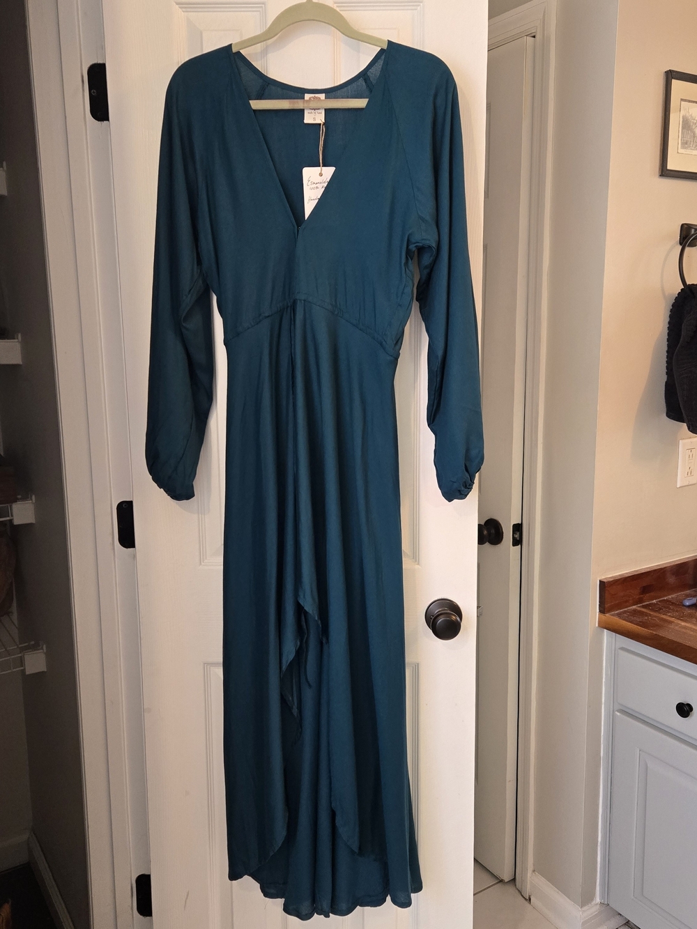 NWT Dark Teal Long Sleeve V-Neck High-Low Maxi Dress